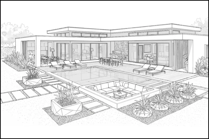 Architectural drawing of a modern house pool area with lounge and dining sets