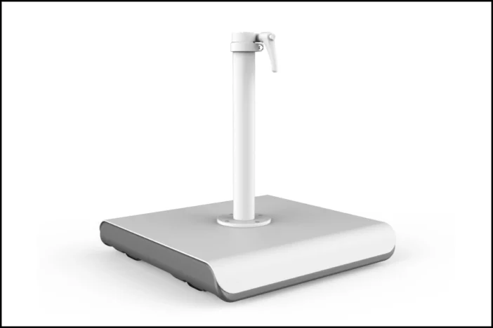 White square patio umbrella base with rounded ends, wheels and a pole stem