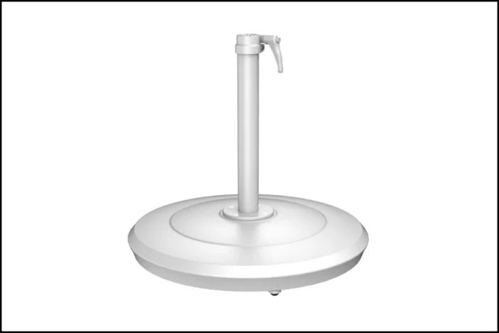 White round patio umbrella base with small wheels and pole securing stem