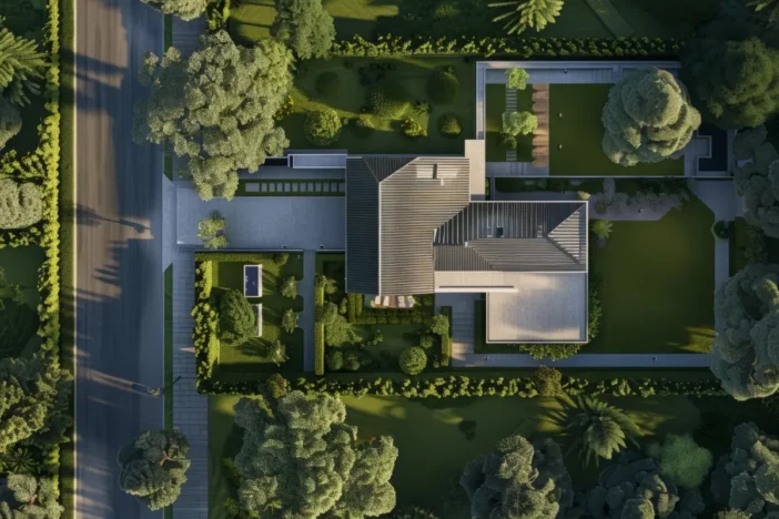 Aerial view of a suburban home showing the street, home and backyard