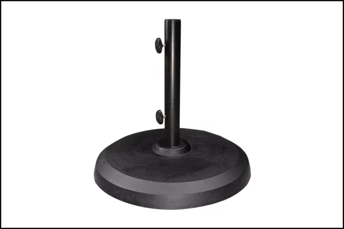 Round black cast aluminum patio umbrella base with securing pole tube