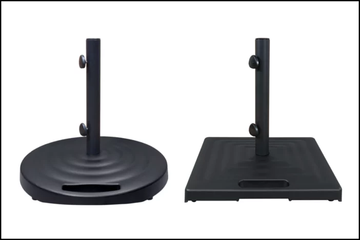 Round and square black cast aluminum umbrella bases with handles