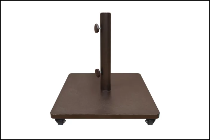 Square bronze umbrella base with casters and attached securing tube