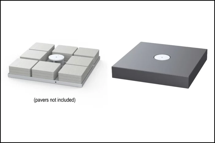 Side by side images of a square dark grey umbrella base showing naked pavers and covered