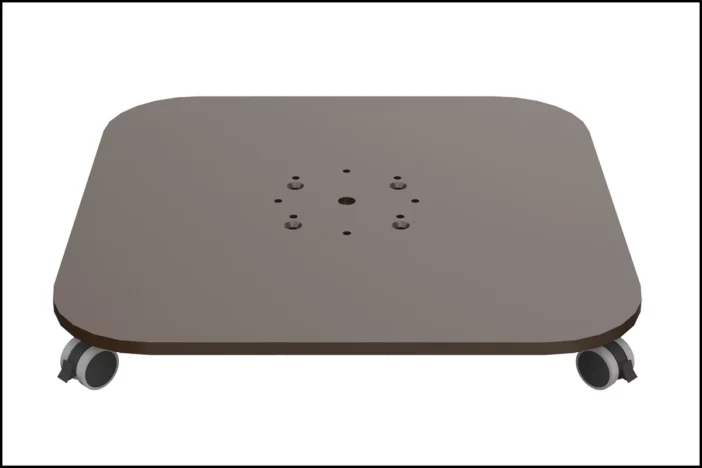 Square bronze patio umbrella base with rounded corners, locking wheels and bolt holes