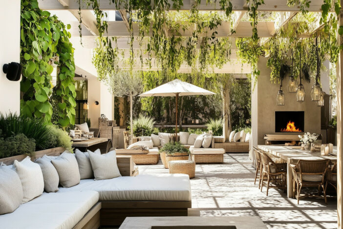 Spacious patio with lounge and dining areas shaded by a vine-covered pergola and market umbrella