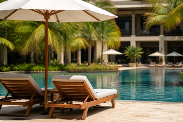 Wooden center pole umbrella with white octagonal canopy sits between two sunloungers facing a spacious resort pool