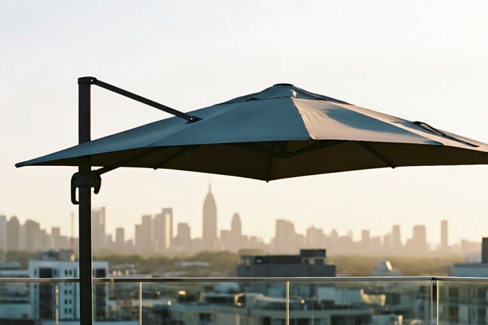 Charcoal cantilever umbrella on a rooftop deck overlooking a city skyline